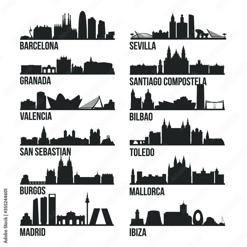 Spain Cities Most Famous Skyline City Silhouette Design Collection Set Pack Stock Vector Adobe Stock Spain Cities Most Famous Skyline City Silhouette Design Collection Set Pack Stock Vector Adobe Stock