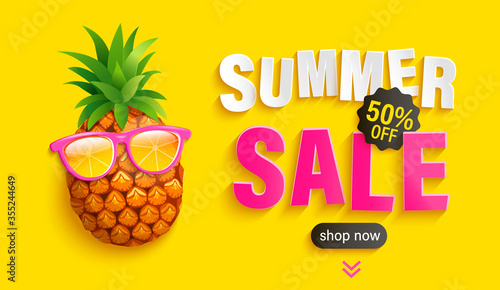 Bright Sale banner for summer 2020. Hipster pineapple in sunglasses invites to big discounts in hot season on yellow background, poster with sweet clearance.Template for design.Vector Illustration.