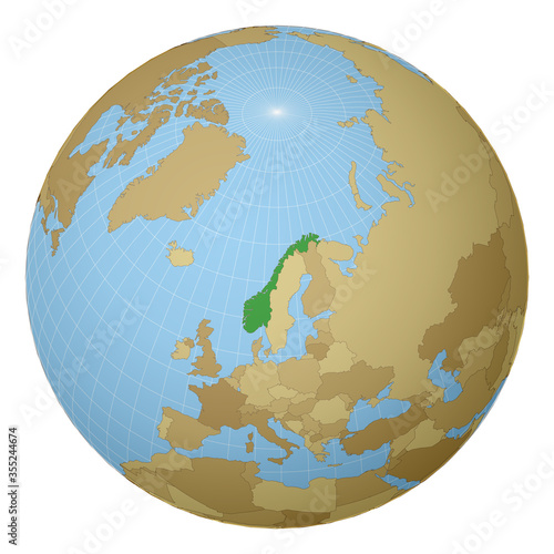 Globe centered to Norway. Country highlighted with green color on world map. Satellite projection view. Vector illustration.
