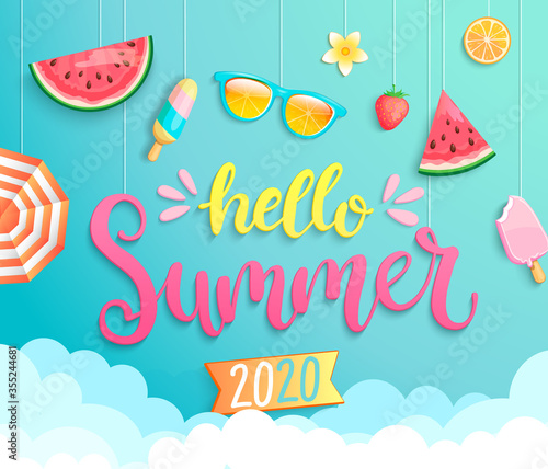 Hello summer 2020 greeting banner wih hot season elements. Invitation poster with strawberry, ice cream,sunglasses and watermelon hanging above the clouds.Template for design.Vector Illustration.