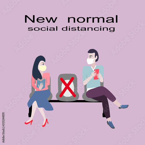 Women read a book and men  hold mobile phone are spaced sitting for social distancing in new normal.