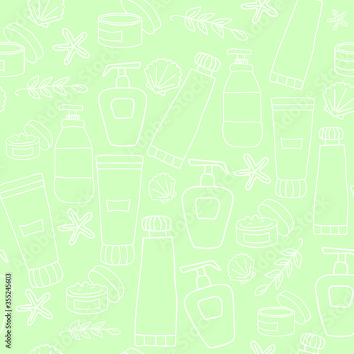 Seamless pattern of beauty and cosmetics icons. Creams and bottles, seashells. Vector outline illustration on a green gentle background.
