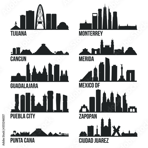 Mexico Cities Most Famous Skyline City Silhouette Design Collection Set Pack #355246037