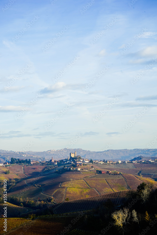 Hills of the Langhe with the village of Serralunga d'Alba, Piedmont - taly