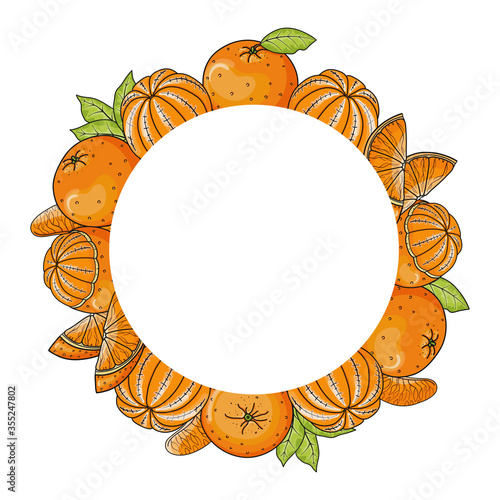 Hand drawn frame with bright whole, peeled, cut and sliced oranges. Round concept vector drawing with copy space for card, banner, label, package, advertising or holiday poster.