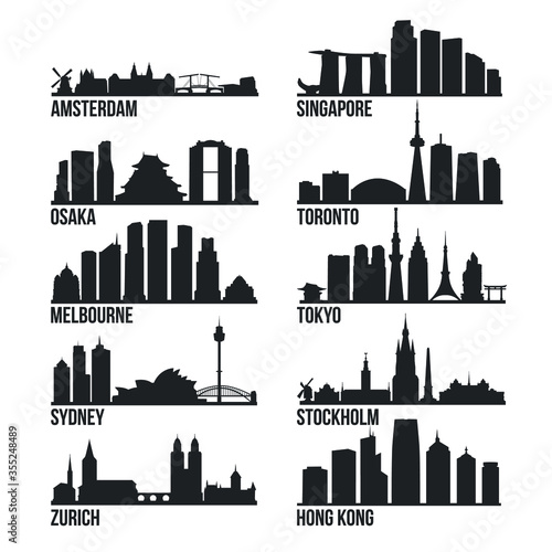 Safest Cities Most Famous Skyline City Silhouette Design Collection Set Pack