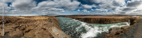 Gullfoss, Emblematic stepped waterfall located at a pronounced elbow of the Hvita River. Iceland..
