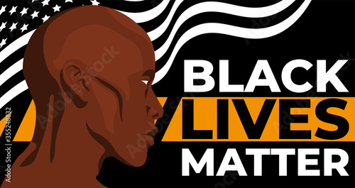 Black Lives Matter. Statement. Young African Americans: man. Black citizens are fighting for equality. The social problems of racism. Black flag. Black background.