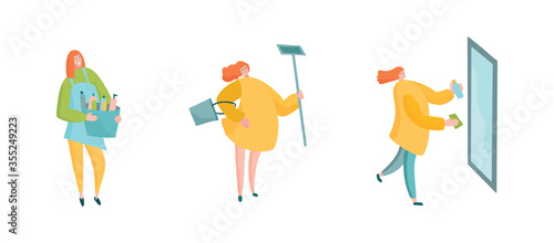 Housekeepers or housewifes cleaning appartment with bucket, mop, chemical supplies and spray bottle.