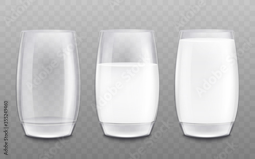 Set of three cups, goblets and half full glasses for milk.
