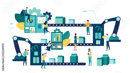 Vector illustration, a production line with workers, automation and user interface concept: user connecting with a tablet and sharing data with a cyber-physical system, Smart industry 4.0