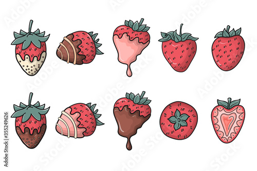 Set of hand drawn vector strawberries with chocolate and sliced berries isolated on white background. Suitable for romantic event, wrapping paper, cards, invitations, gifts, fabrics, wallpapers.