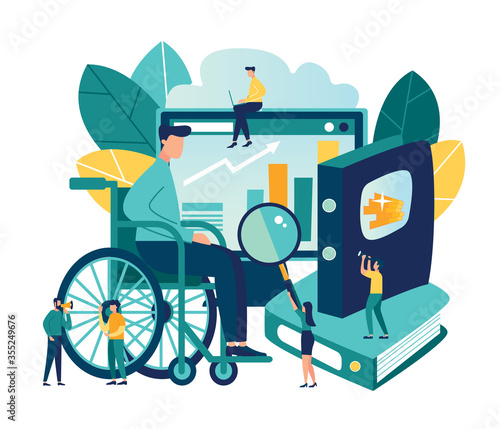 Vector flat illustrations, online courses for employees with disabilities, advanced training, analysis of infographics.  photo