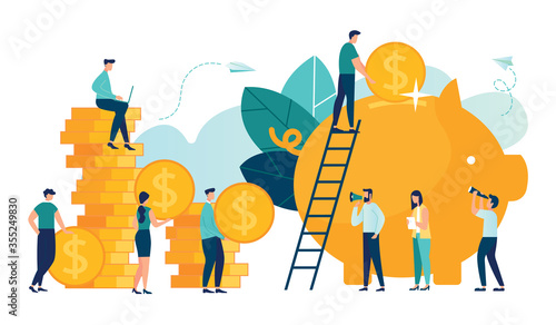 Vector flat illustration, a large piggy bank in the form of a piglet on a white background, financial services, small bankers are engaged in work, saving or accumulating money, a coin box with falling