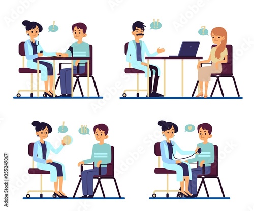 Set of doctors sitting and consulting patients in medical office cartoon style