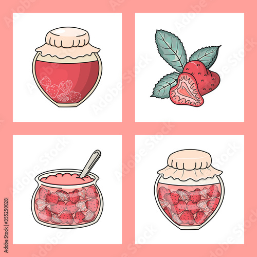 Set of hand drawn vector strawberries and jam jars isolated on white background. Delicious homemade dessert. For cards, gifts, fabrics, prints, wallpapers.