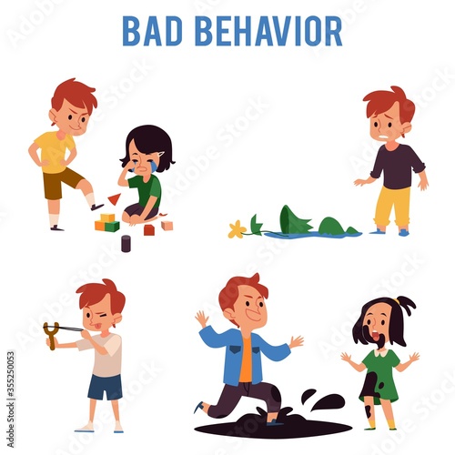 Cartoon boy with bad behavior kicking toys, aiming slingshot, jumping in dirt puddle
