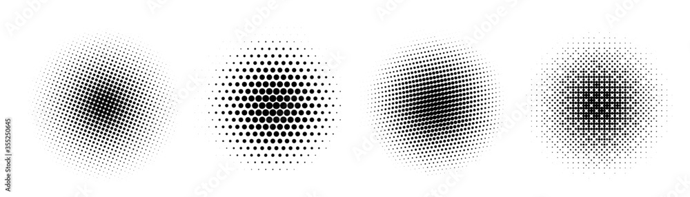 Set of halftone circle. Vector vintage gradient dots background. Abstract texture with black particles.