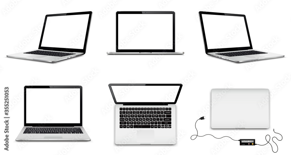 Set of vector laptops with blank screens in different positions Set of vector laptops with blank screens in different positions