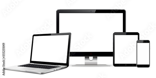 Set of blank screens with computer monitor, laptop, tablet, and smartphone