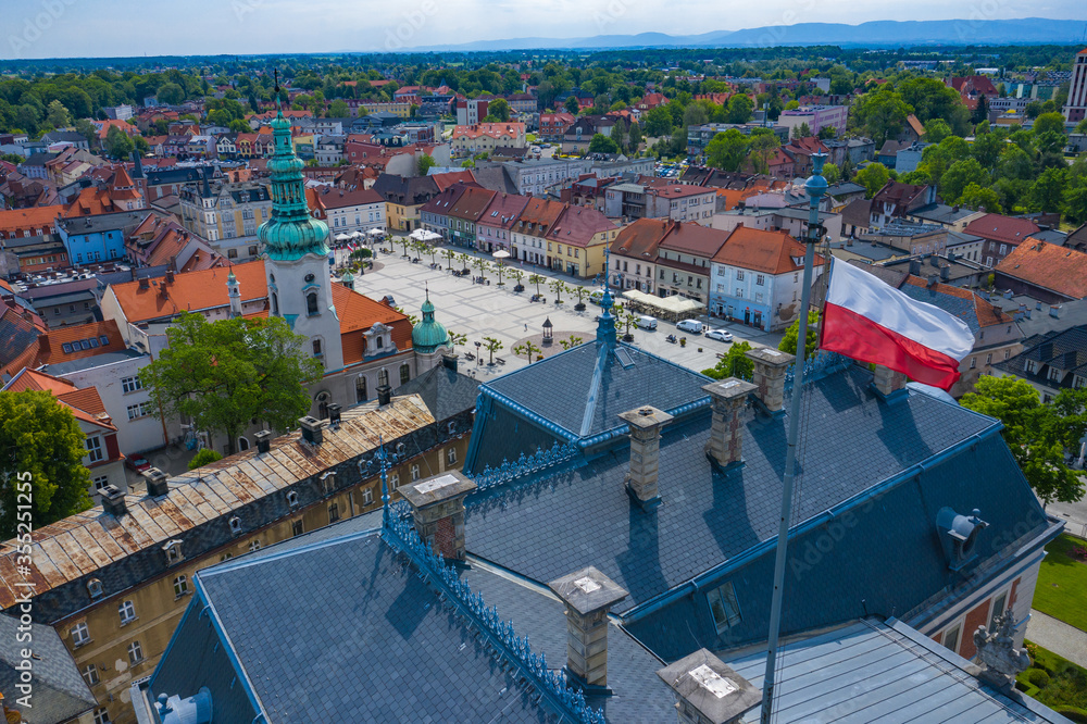 Aerial view of  antique neo-baroque palace in Pszczyna. Upper Silesia, Poland.