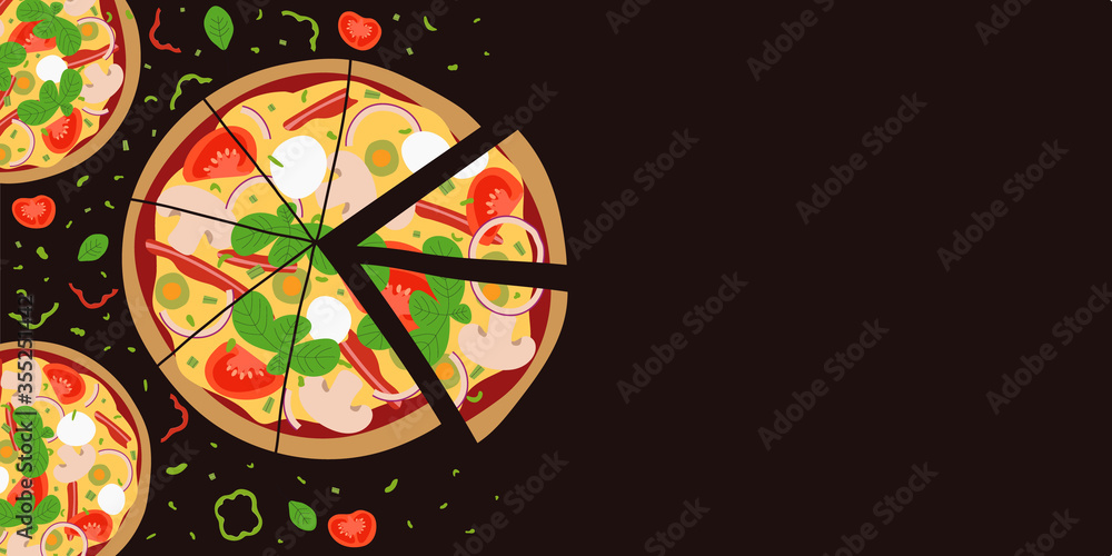 Web banner with tasty pizza. Design for pizzeria or fast food restaurant. Empty space for text. Pizza with mushrooms, tomatoes, onion, bacon, cheese, and basil. Flat vector design