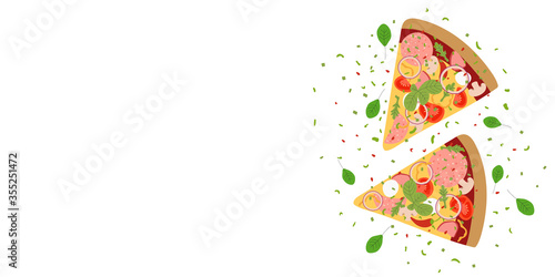 Web banner with tasty pizza. Design for pizzeria or fast food restaurant. Empty space for text. Pizza with mushrooms, tomatoes, onion, pepperoni, cheese, and basil. Flat vector design
