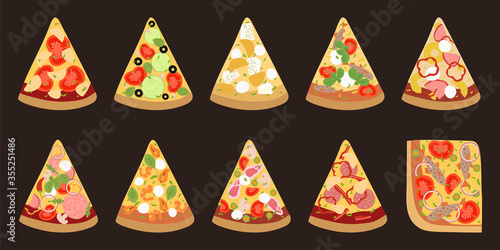 Big collection of different slices pizza top view with ingredients. Italian tasty pizza: vegetarian, seafood, cheese, mushroom, hawaiian and meat topping in flat style on black background.