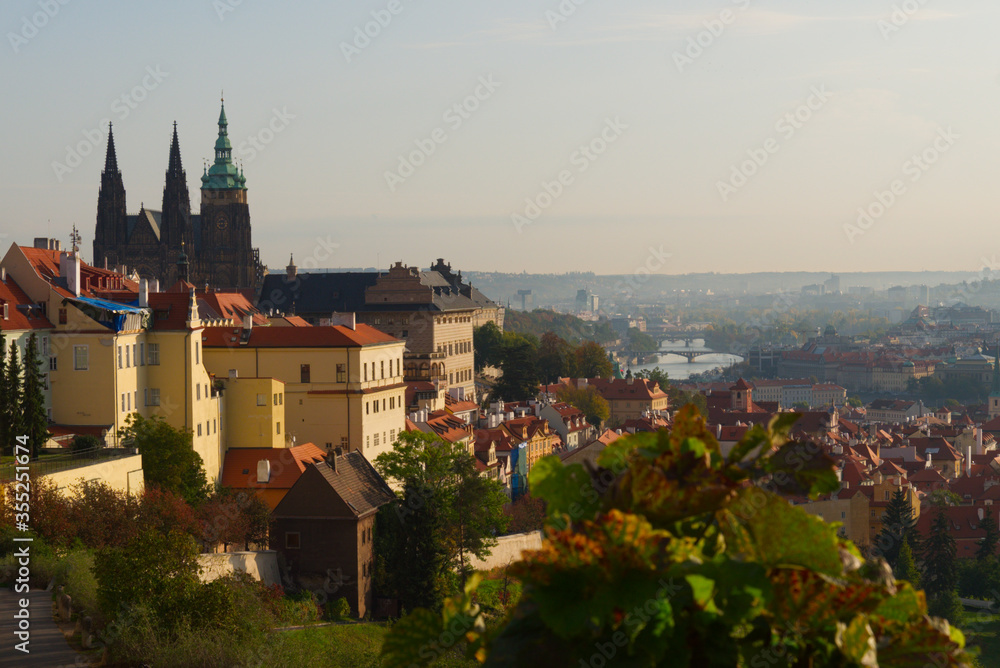 View of old Prague from Petrin Hill in the fall.