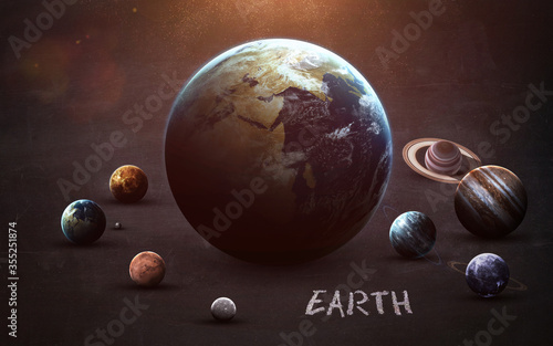 Earth - High resolution images presents planets of the solar system on chalkboard. This image elements furnished by NASA