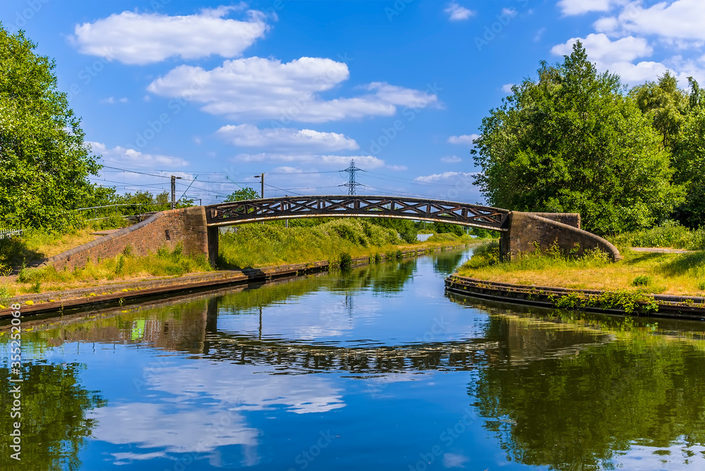 A panorama view of the junction of the Birmingham and Dudley canals in summertime