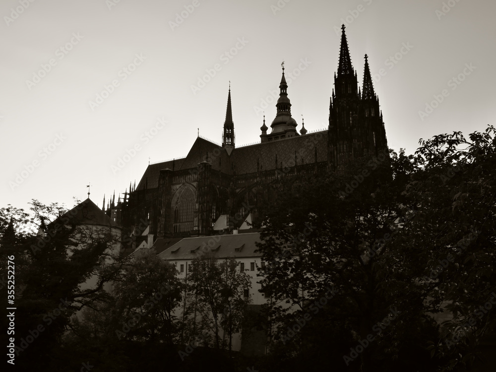 View of St. Vitus Cathedral from the Deer Moat. Monochrome