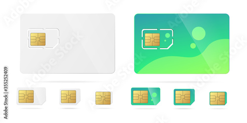 Phone microchip and cards templates set, realistic vector illustration isolated.
