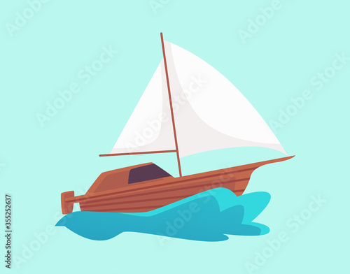 Cartoon wooden motorboat with white sail riding a blue water wave