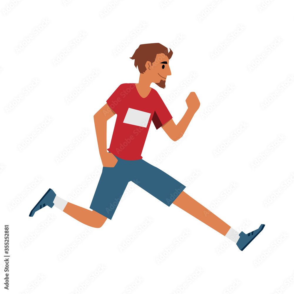 Male runner athlete in sport clothes running forward, cartoon man