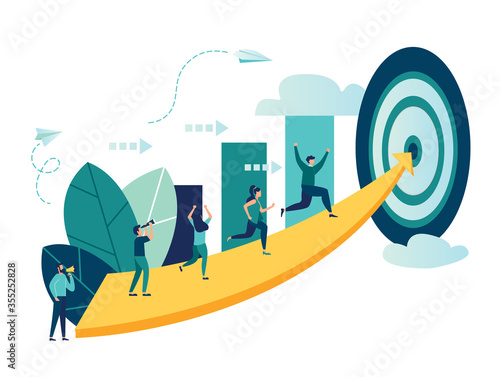 Vector illustration, people run to their goal on the column of columns, move up motivation, the path to the target's achievement