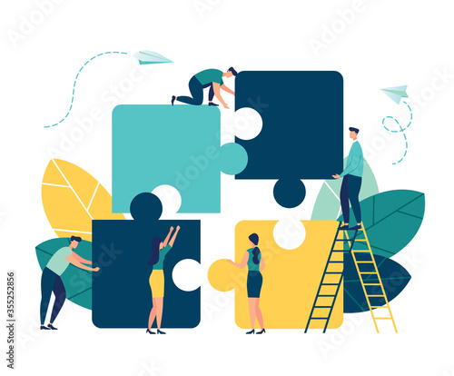 Business concept. Team metaphor. people connecting puzzle elements. Vector illustration flat design style. Symbol of teamwork, cooperation, partnership.