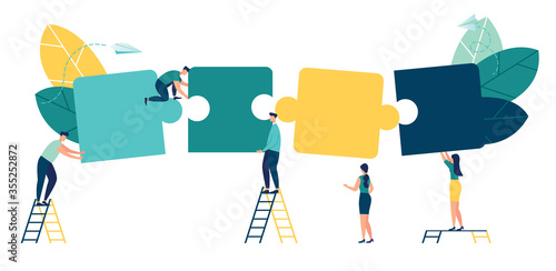 Business concept. Team metaphor. people connecting puzzle elements. Vector illustration flat design style. Symbol of teamwork, cooperation, partnership.