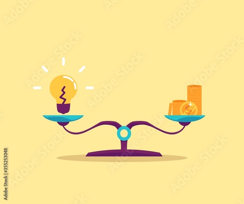 Idea against money on balance scales, flat vector illustration isolated.