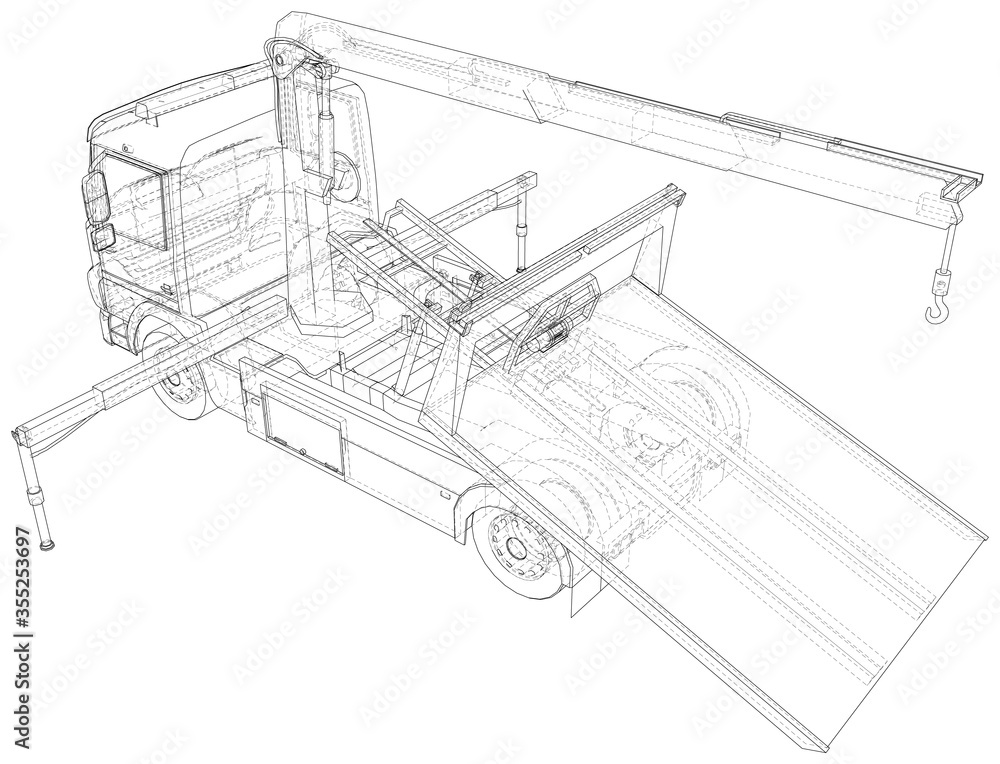 Obraz premium Tow truck vector. Isolated Wire-frame of breakdown lorry. Wire-frame line isolated. Vector rendering of 3d.
