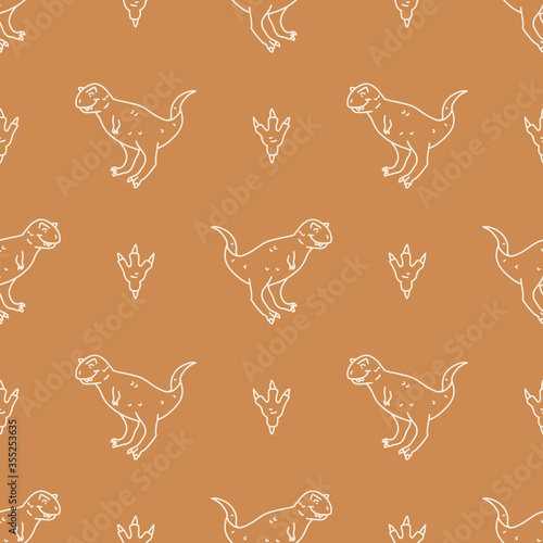 Seamless background Carnotaurus dinosaur with foot print gender neutral baby pattern. Simple whimsical minimal earthy 2 tone color. Kids nursery wallpaper or boho cartoon animal fashion all over print