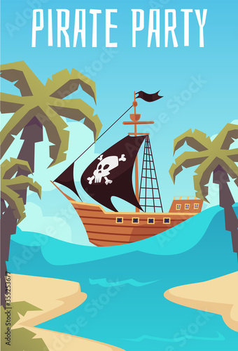 Banner for pirate party or treasure hunting quest, flat vector illustration.