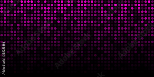 Abstract purple technology horizontal luminous background. Gradient pink digital glow pixel circle texture pattern. Vector illustration.