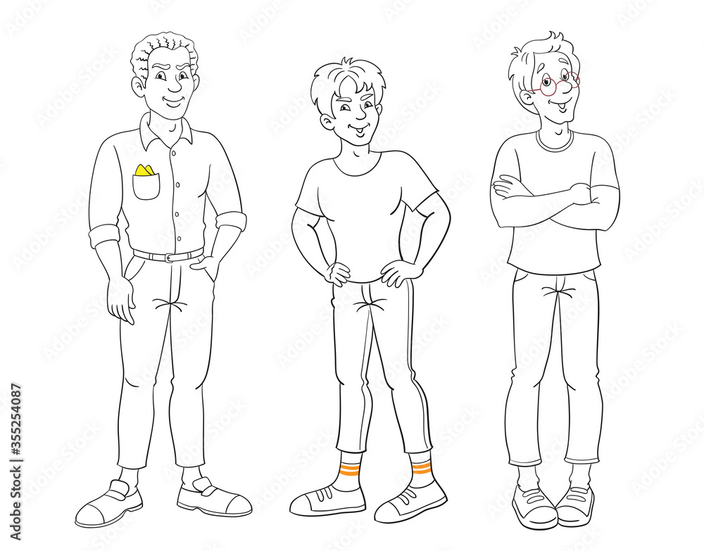 Three guys of different nationalities. Sketch in cartoon style. Isolated on white background Black and white contour image with color accents. For coloring. Vector illustration. Three guys of different nationalities. Sketch in cartoon style. Isolated on white background Black and white contour image with color accents. For coloring. Vector illustration.