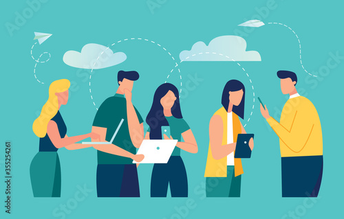 Vector colorful illustration of communication via the Internet, social networking,chat, video,news,messages,web site, search friends, mobile web graphics