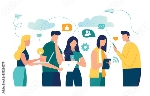 Vector colorful illustration of communication via the Internet, social networking,chat, video,news,messages,web site, search friends, mobile web graphics
