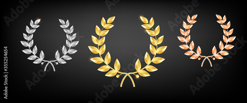 Award laurel set - first, second and third place. Winner template. Symbol of victory and achievement. Gold laurel wreath. Realistic vector object isolated