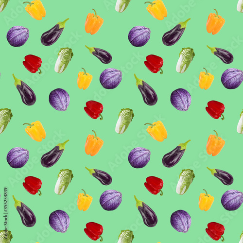 Seamless pattern veganism eggplant  peppers  cabbage on light green background. Gouache hand drawn illustration. Fresh food. Design for textiles  packaging  fabrics  menus  restaurants