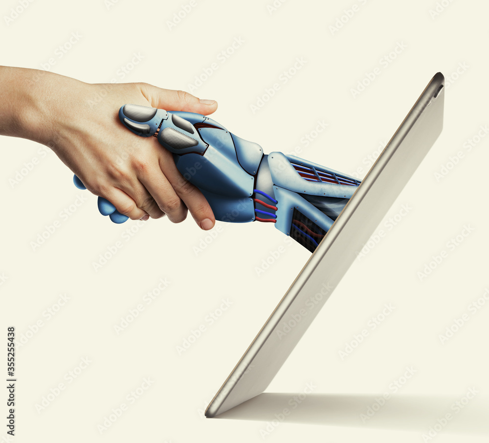 The handshake human with artificial intelligence via digital tablet ...