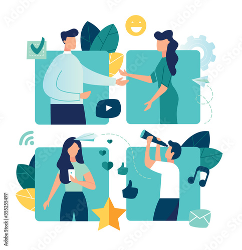 Vector flat illustration, people look out of big pictures, leave reviews, write messages, watch videos on the Internet, social networks